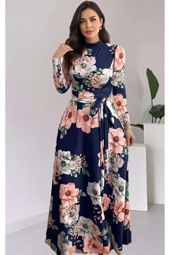 EQURİ Kadın Uzun Kollu Yuvarlak Yakalı Beli Kuşaklı Desenli Süprem Uzun Elbise