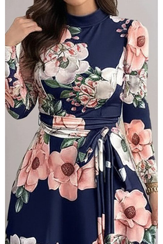 EQURİ Kadın Uzun Kollu Yuvarlak Yakalı Beli Kuşaklı Desenli Süprem Uzun Elbise