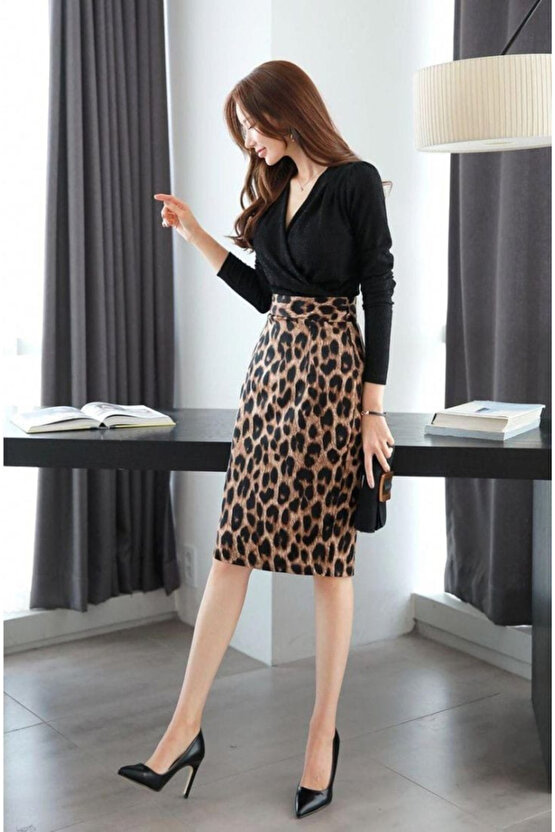 EQURİ Kadın Uzun Kollu Kruvaze Yaka üst Ithal Krep Alt Dalgıç Leopar Detaylı Elbise