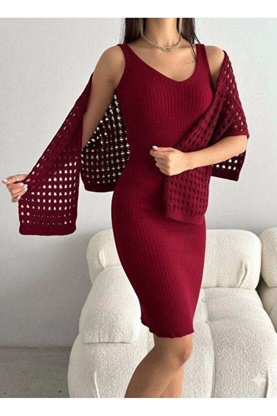 Kadın Uzun Kollu Delikli Kazak Askılı Elbise Triko Ikili Takım