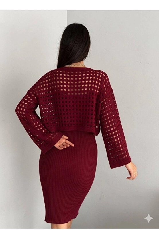 Kadın Uzun Kollu Delikli Kazak Askılı Elbise Triko Ikili Takım