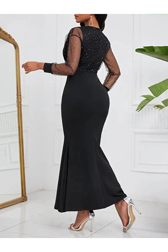 MDB Kadın Uzun Kollu Kruvaze Yakalı Taş Ve Tül Detaylı Uzun Ithal Krep Elbise