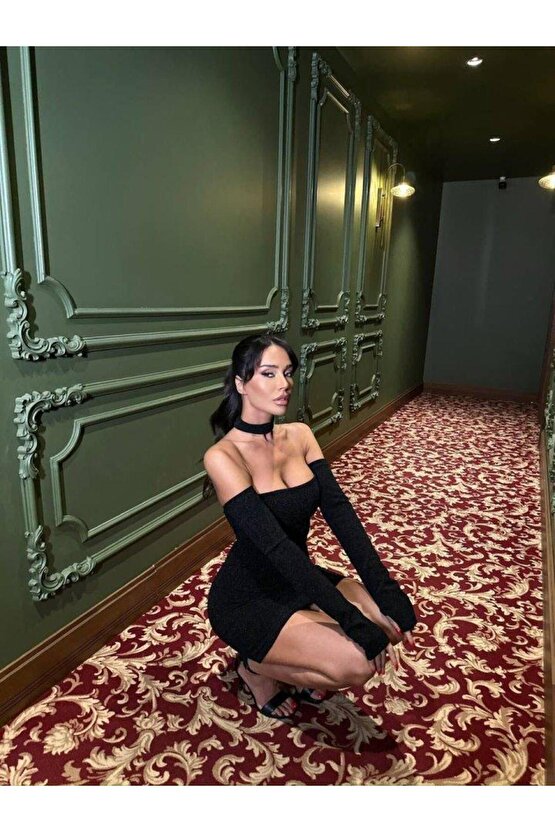 Kadın Madonna Yaka Simli Flower Kumaş Mini Elbise