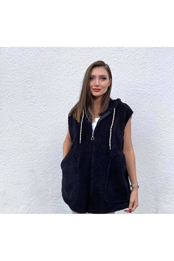 Kadın Kapüşon Ve Fermuar Detay Welsoft Kolsuz Yelek