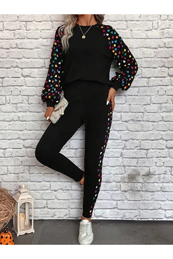 MDB Kadın Uzun Kollu Bisiklet Yaka Desenli Viskon Iki Iplik Bluz Ve Pantolon Ikili Takım