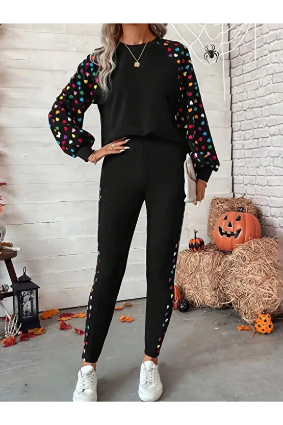 MDB Kadın Uzun Kollu Bisiklet Yaka Desenli Viskon Iki Iplik Bluz Ve Pantolon Ikili Takım