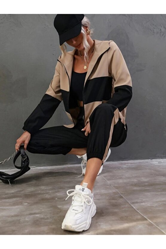 EQURİ Kadın Uzun Kollu Kapşonlu önden Fermuarlı Viskon Iki Iplik Bluz Ve Pantolon Ikili Takım