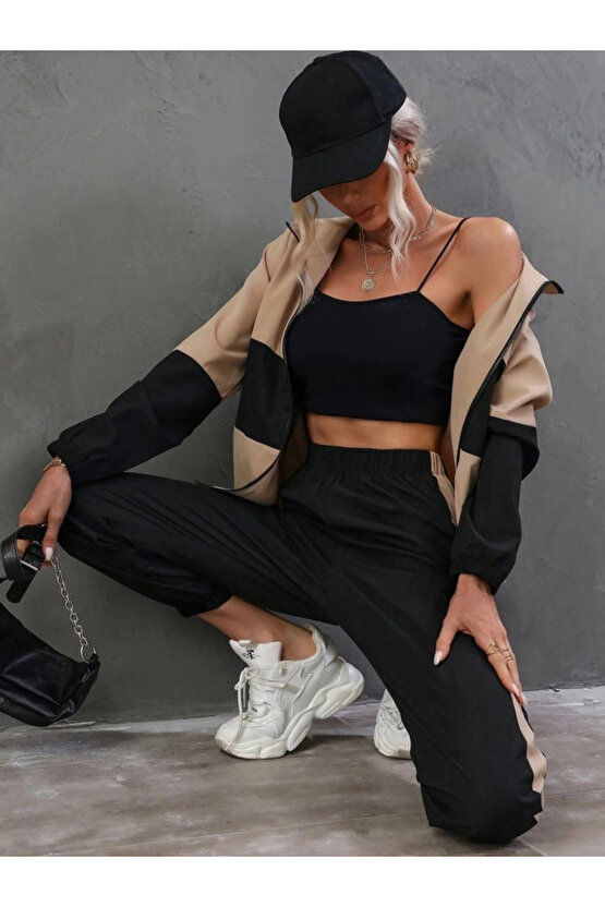 Kadın Uzun Kollu Kapşonlu önden Fermuarlı Viskon Iki Iplik Bluz Ve Pantolon Ikili Takım