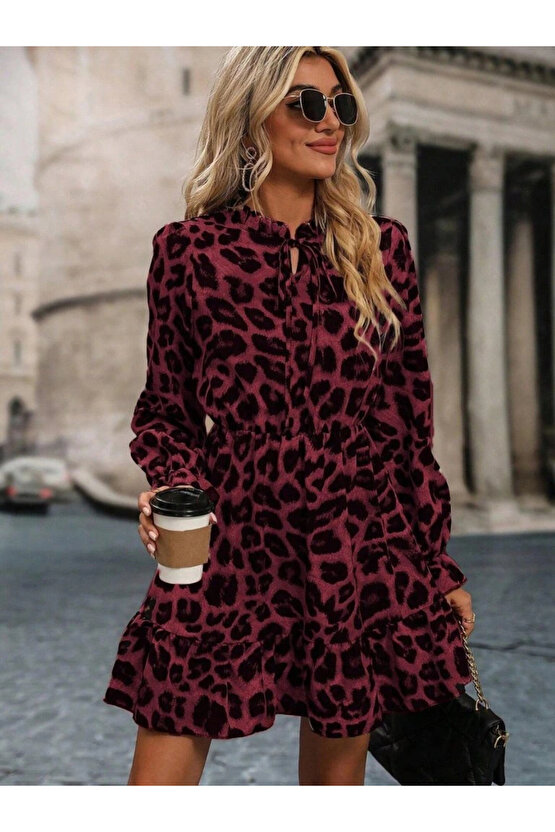 Kadın Uzun Kollu Yakadan Bağcıklı Modal Leopar Desenli Mini Elbise