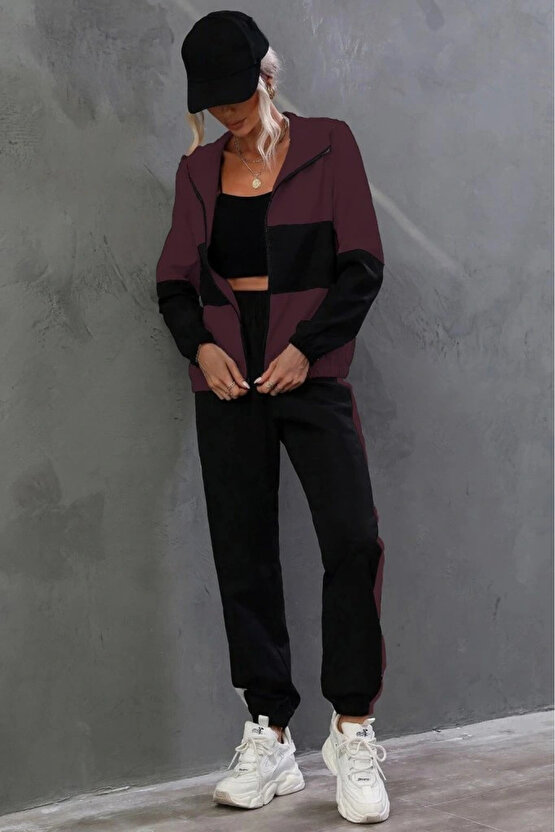 Kadın Uzun Kollu Kapşonlu önden Fermuarlı Viskon Iki Iplik Bluz Ve Pantolon Ikili Takım