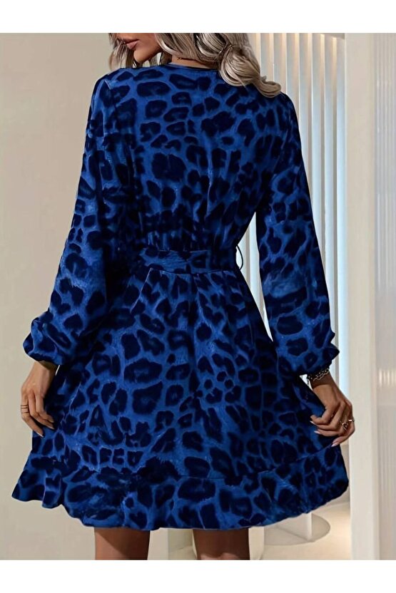 EQURİ Kadın Uzun Kollu Kruvaze Yaka Belden Kuşaklı çapraz Kesim Detaylı Leopar Modal Mini Elbise