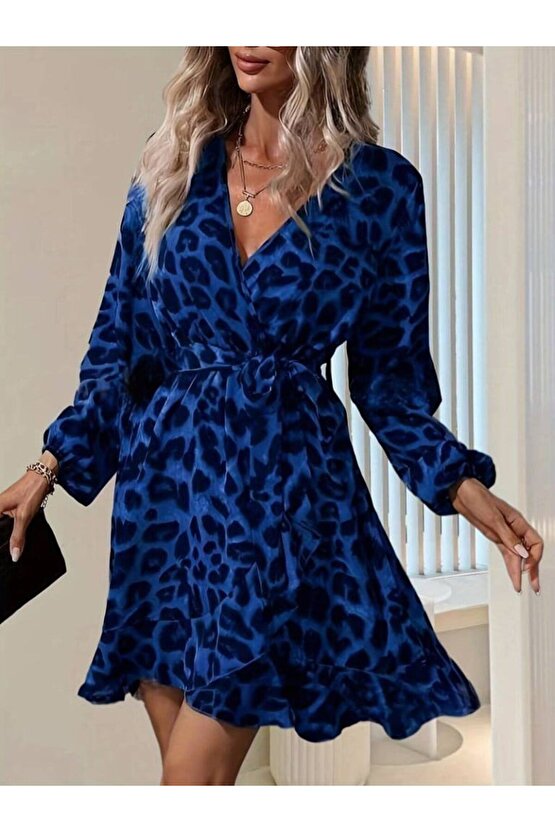 EQURİ Kadın Uzun Kollu Kruvaze Yaka Belden Kuşaklı çapraz Kesim Detaylı Leopar Modal Mini Elbise