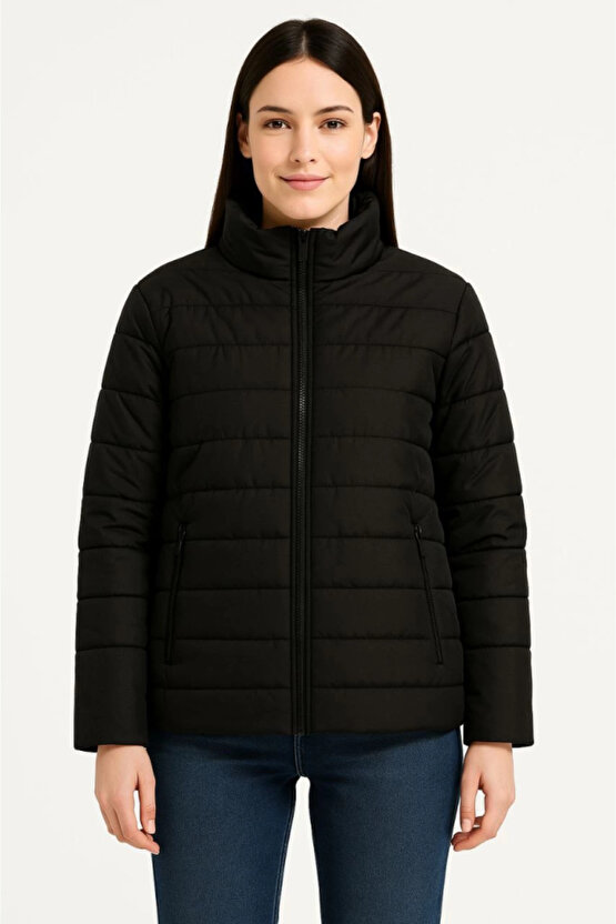 EQURİ Bomber Mont Ceket – Su İtici Kumaş, Kapitone Astarlı, Fermuarlı, Kışlık - Siyah