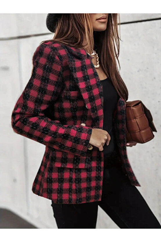 Kadın Uzun Kollu Yakalı Kare Desenli Ekoseli Düğmeli Ceket