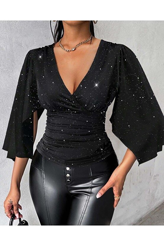 Kadın Truvakar Kollu Kruvaze Yakalı Simli Sandy Bluz