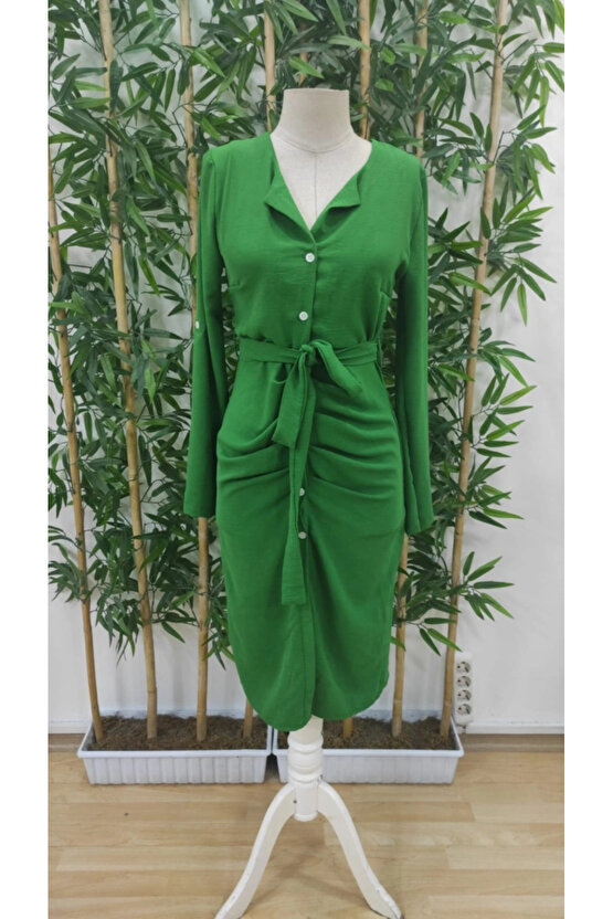 Kadın Uzun Kollu önden Düğmeli Beli Kuşaklı Aerobin Midi Elbise