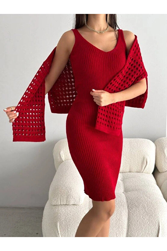 Kadın Delikli Kazak Askılı Elbise Triko Kumaş Ikili Takım