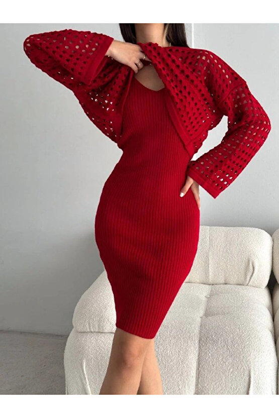 Kadın Delikli Kazak Askılı Elbise Triko Kumaş Ikili Takım