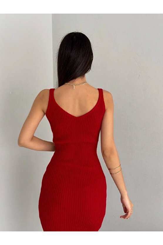 Kadın Delikli Kazak Askılı Elbise Triko Kumaş Ikili Takım