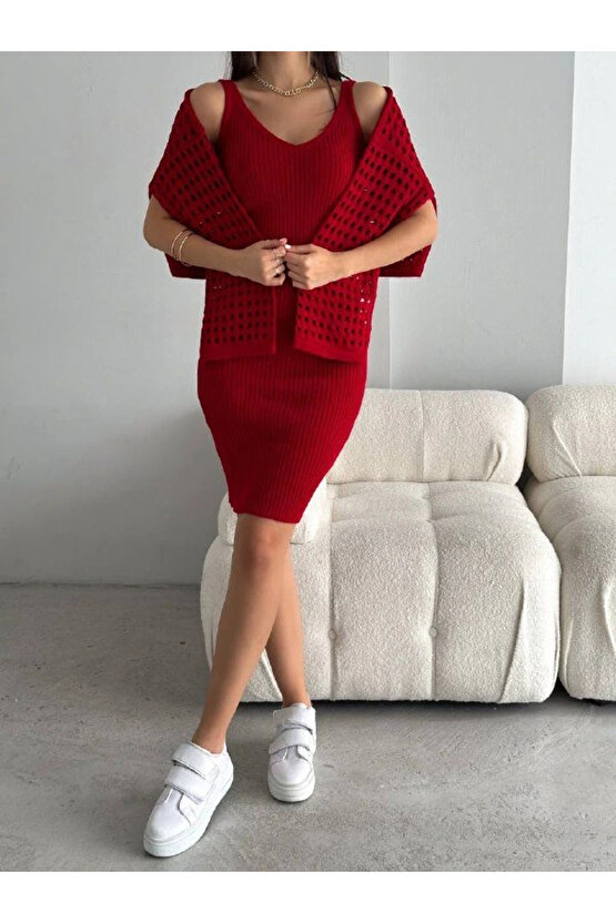 Kadın Delikli Kazak Askılı Elbise Triko Kumaş Ikili Takım