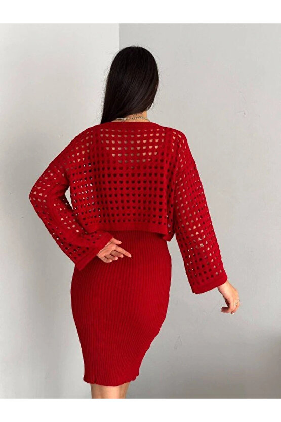 Kadın Delikli Kazak Askılı Elbise Triko Kumaş Ikili Takım