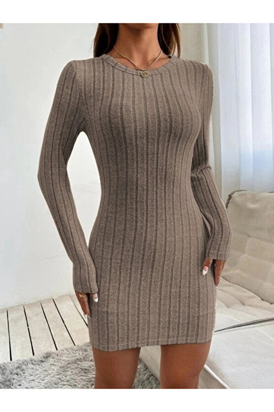 Kadın Uzun Kollu Bisiklet Yaka şardonlu Kalın Fitilli Kaşkorse Mini Boy Elbise