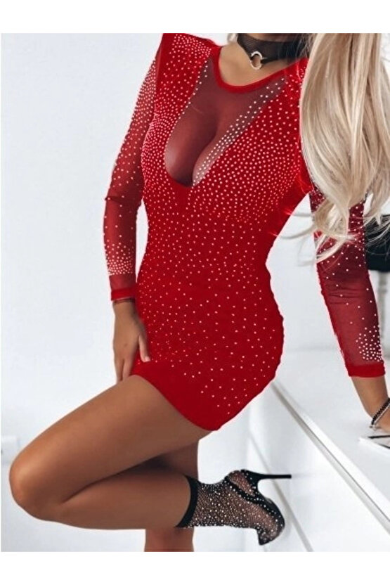 Kadın Uzun Kollu Yuvarlak Yaka Dekolteli Taşlı Dalgıç Elbise