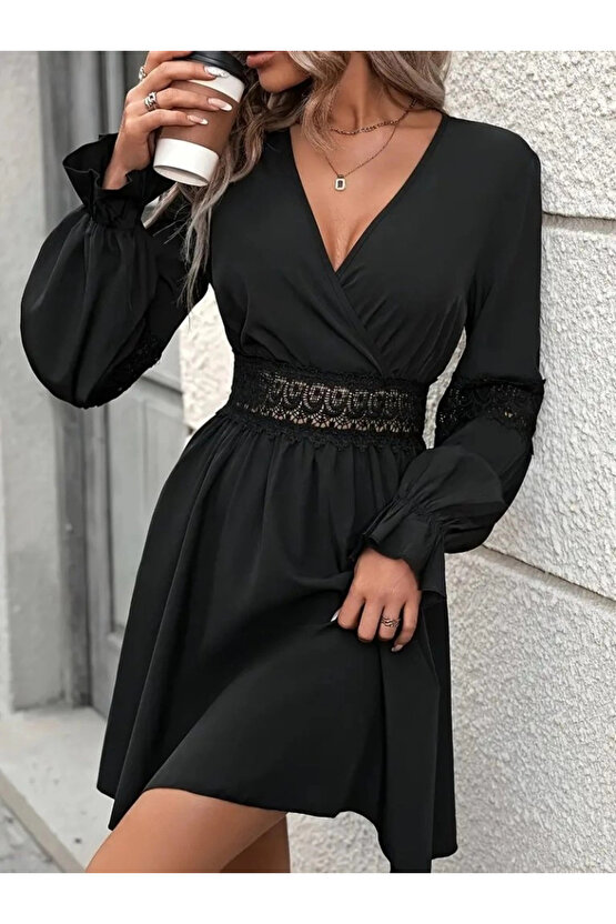 EQURİ Kadın Uzun Kollu Kruvaze Yakalı Dantelli Fermuar Detaylı Kısa Ithal Krep Elbise