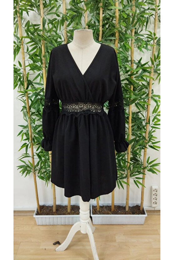 EQURİ Kadın Uzun Kollu Kruvaze Yakalı Dantelli Fermuar Detaylı Kısa Ithal Krep Elbise