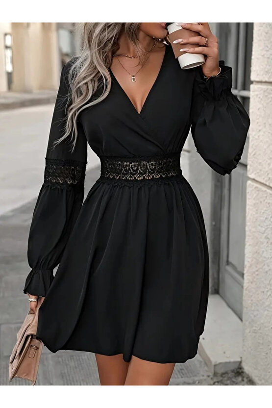 EQURİ Kadın Uzun Kollu Kruvaze Yakalı Dantelli Fermuar Detaylı Kısa Ithal Krep Elbise