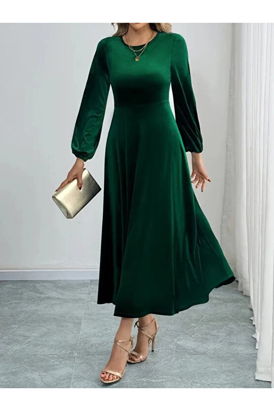 MDB Kadın Uzun Kollu Bisiklet Yaka Midi Kadife Elbise