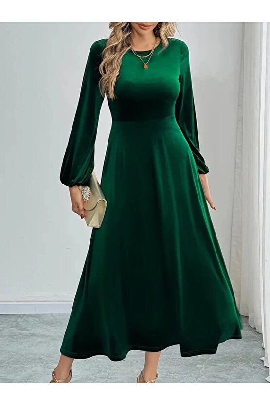 MDB Kadın Uzun Kollu Bisiklet Yaka Midi Kadife Elbise