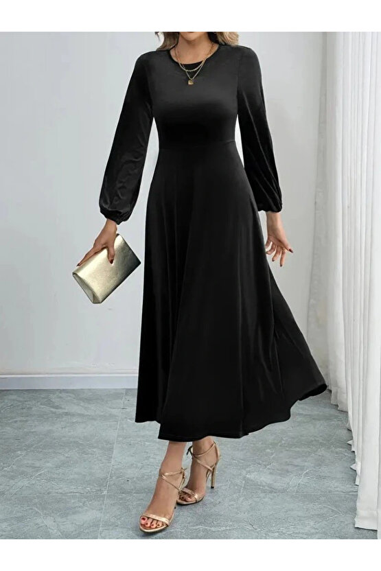 Kadın Uzun Kollu Bisiklet Yaka Midi Kadife Elbise