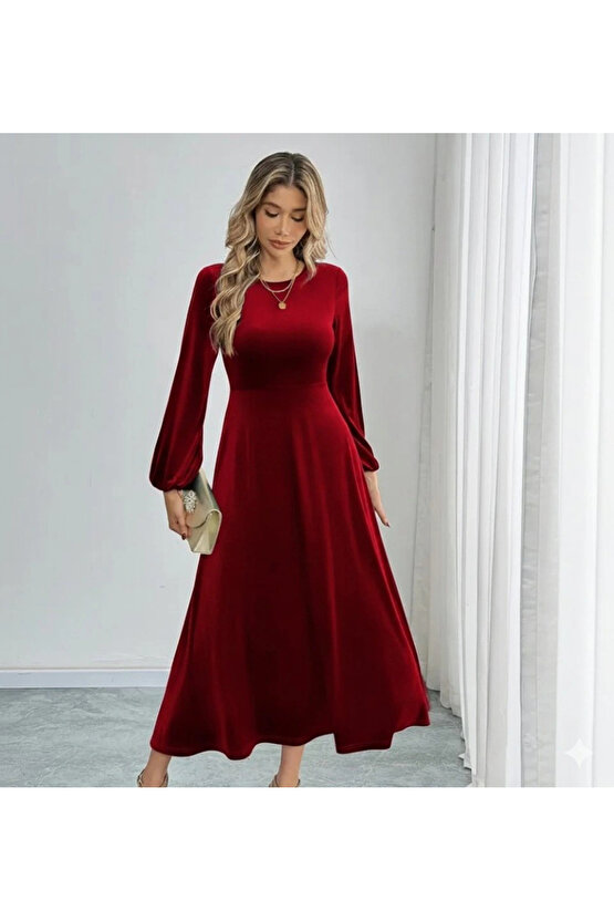 Kadın Uzun Kollu Bisiklet Yaka Midi Kadife Elbise