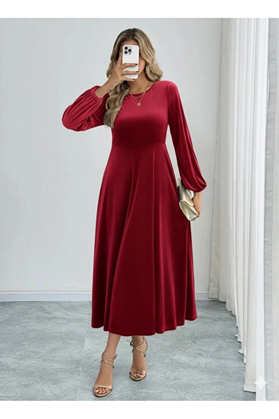 Kadın Uzun Kollu Bisiklet Yaka Midi Kadife Elbise