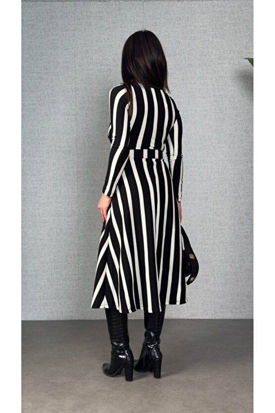 EQURİ Kadın Uzun Kollu Kruvaze Yaka Kemer Dahil çizgili Triko Elbise