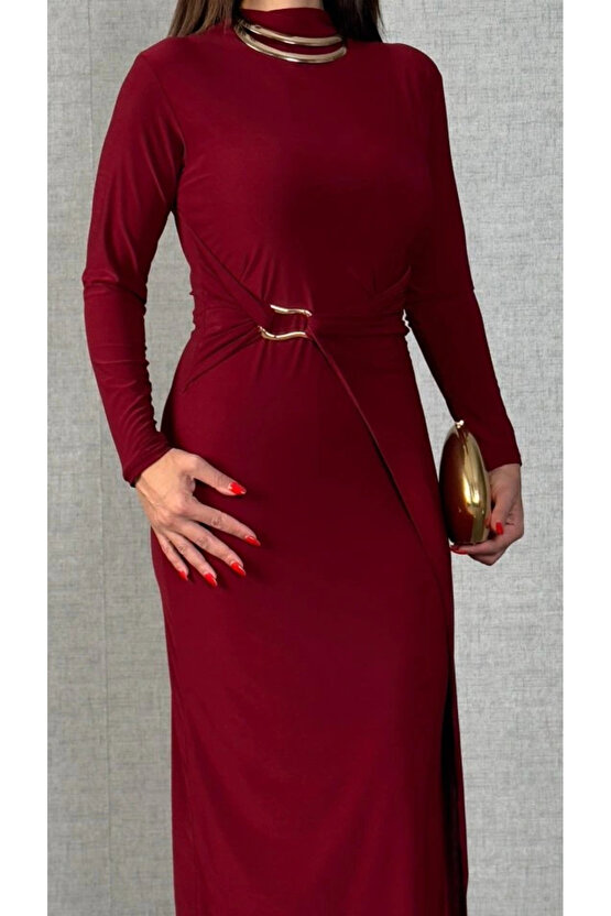 Kadın Balıkçı Yaka Toka Detay Sandy Kumaş Midi Boy Elbise