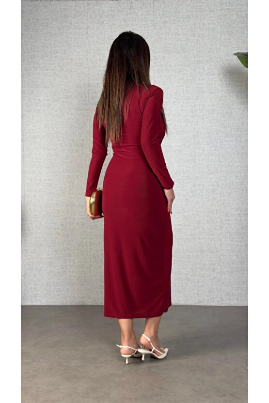 Kadın Balıkçı Yaka Toka Detay Sandy Kumaş Midi Boy Elbise