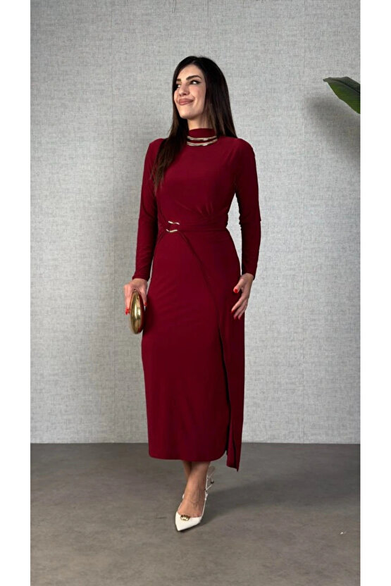 Kadın Balıkçı Yaka Toka Detay Sandy Kumaş Midi Boy Elbise