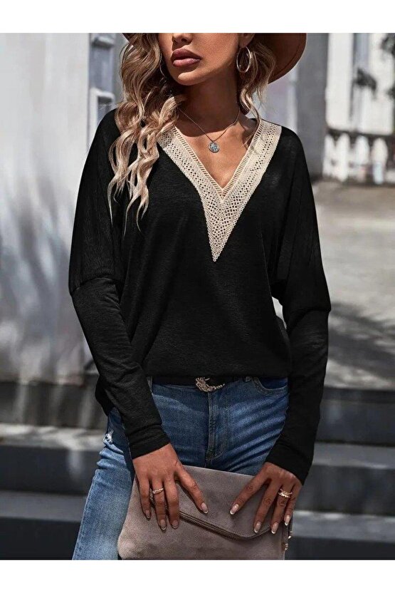 Kadın Uzun Kollu V Yakalı Yarasa Kollu Viskon Bluz