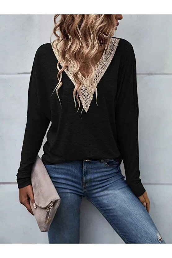 Kadın Uzun Kollu V Yakalı Yarasa Kollu Viskon Bluz