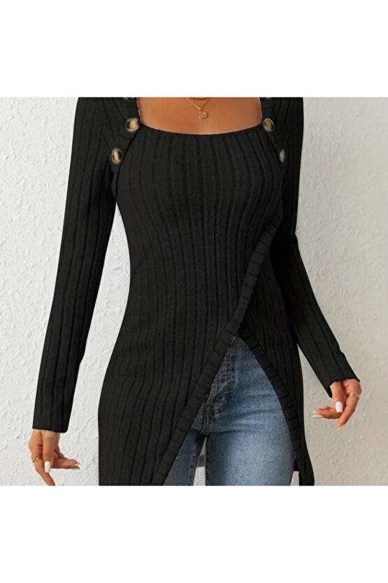 Kadın Uzun Kollu Derin Kare Yaka Düğme Detay şardonlu Kaşkorse Kruvaze Bluz