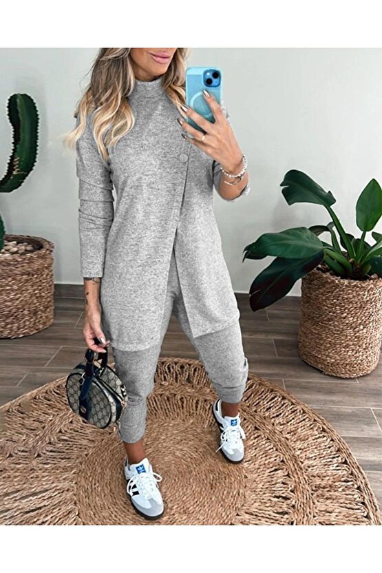 Kadın Uzun Kollu Balıkçı Yaka önden Düğmeli Bluz Ve Pantolon Yumoş Ikili Takım