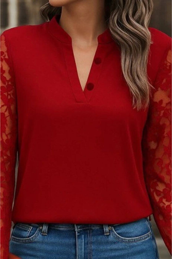 Kadın Uzun Kollu Yaka Düğme Detay Güpürlü Kol Krep Bluz