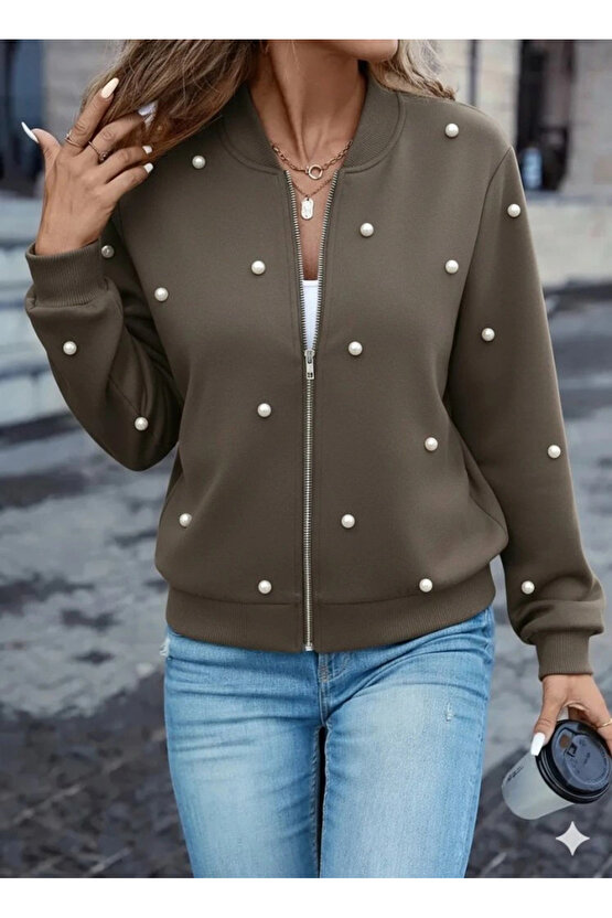 Kadın Uzun Kollu önden Fermuarlı Incili Kısa Modal Ceket
