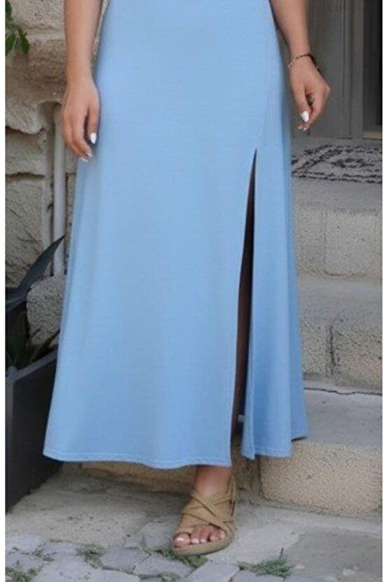 Kadın Askılı V Yakalı Yırtmaçlı Uzun Viskon Elbise