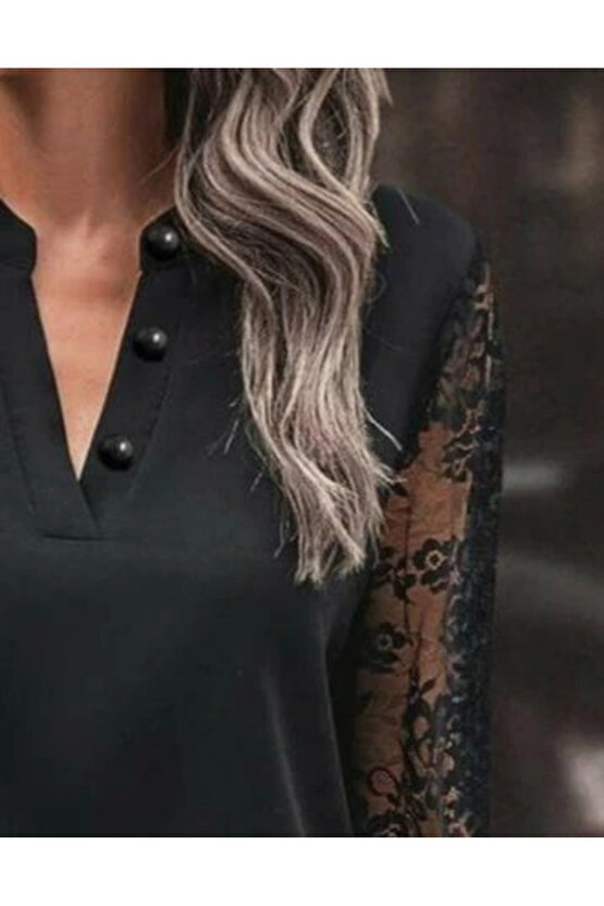 Kadın Uzun Kollu Yaka Düğme Detay Güpürlü Kol Krep Bluz