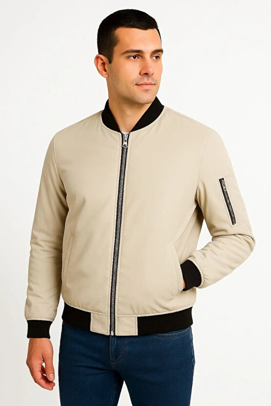 Erkek içi Astarlı Fermuarlı Bomber Mont Ceket - Bej