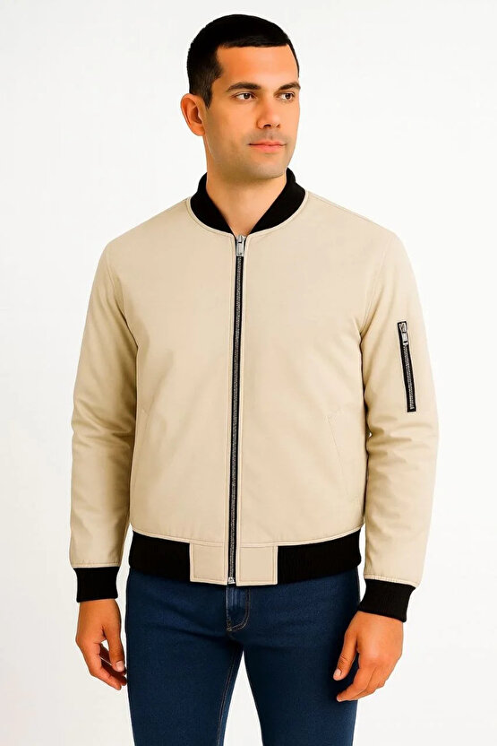 Erkek içi Astarlı Fermuarlı Bomber Mont Ceket - Bej