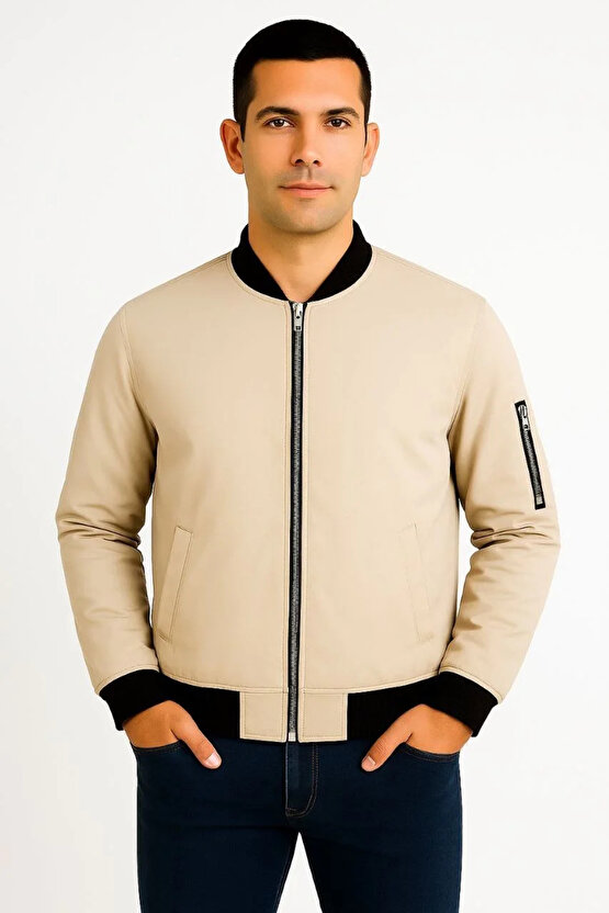 Erkek içi Astarlı Fermuarlı Bomber Mont Ceket - Bej